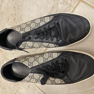 Gucci Beige GG Canvas with Black Leather Low-Top Sneakers